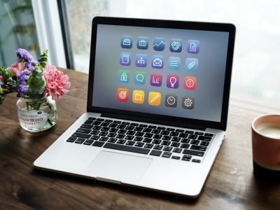 Laptop on a wooden table